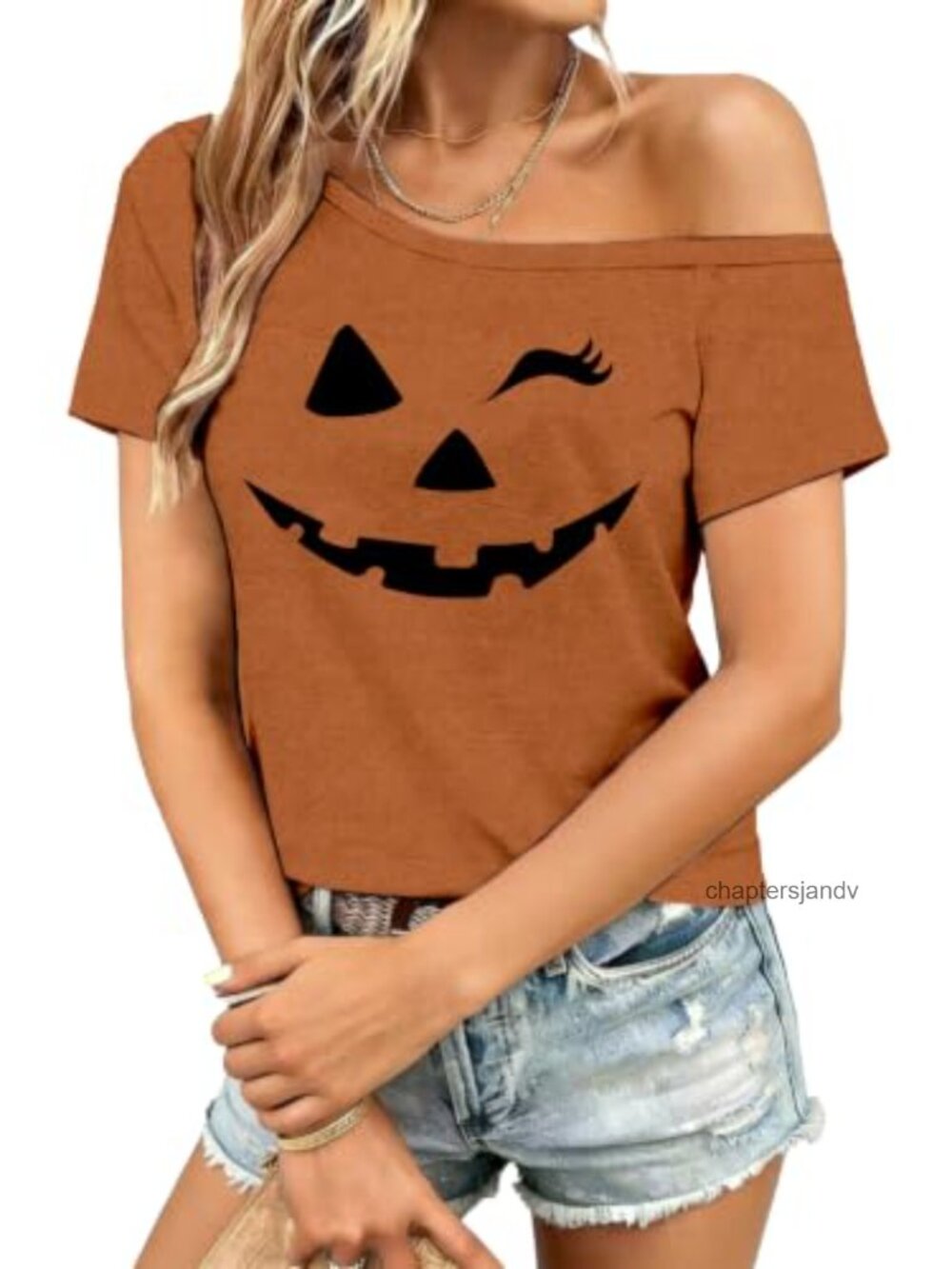 Womens Halloween Off Shoulder Jack O Lantern Graphic Tee Cropped Top